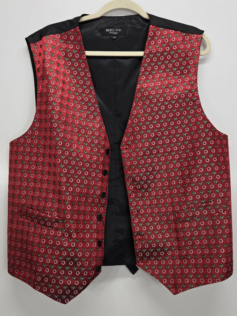Novelt-ties Mens XL Christmas Tree Vest Red Holiday Tuxedo Waistcoat Festive Vtg